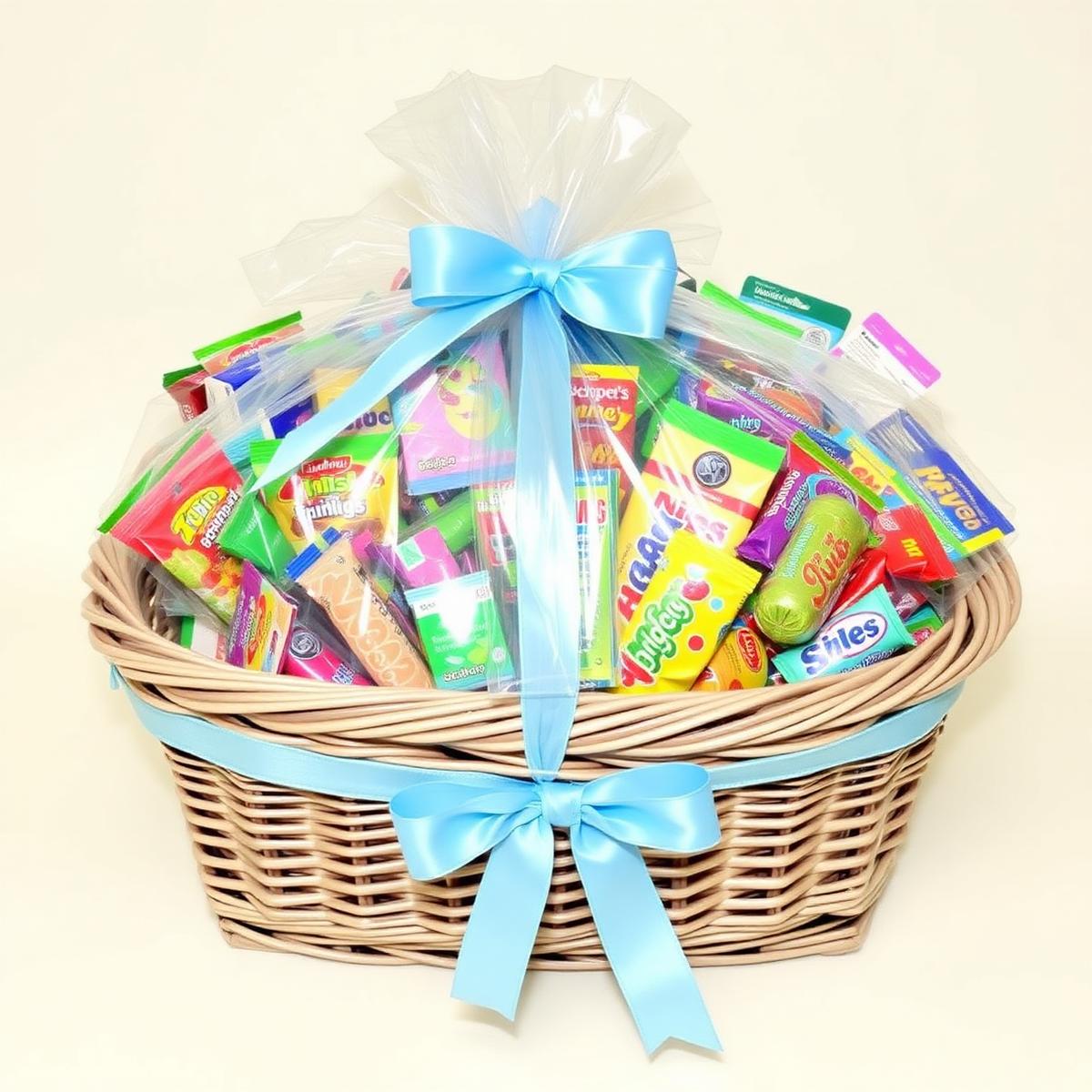 Wrapped sweet gift basket filled with colourful sweets