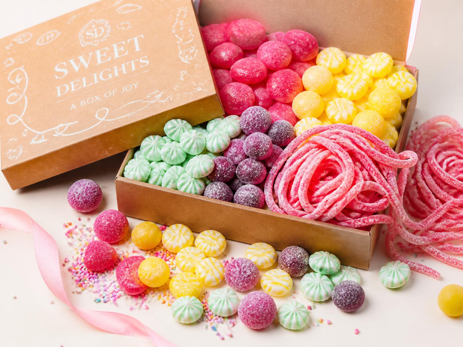 Open gift box overflowing with colourful sweets